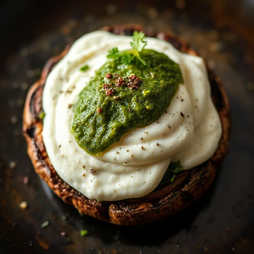 vegetarian recipes  - portobello mushroom with cashew cream and basil pesto